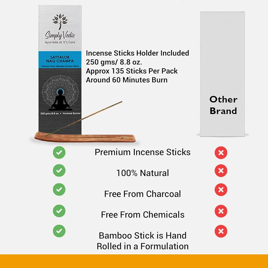 Simply Vedic Nag Champa Incense Sticks 250g with Holder – 135 Hand-Rolled Natural Agarbatti – No Charcoal, Long-Lasting Aromatherapy for Yoga, Meditation, Relaxation, Spiritual Healing, Pooja, Home